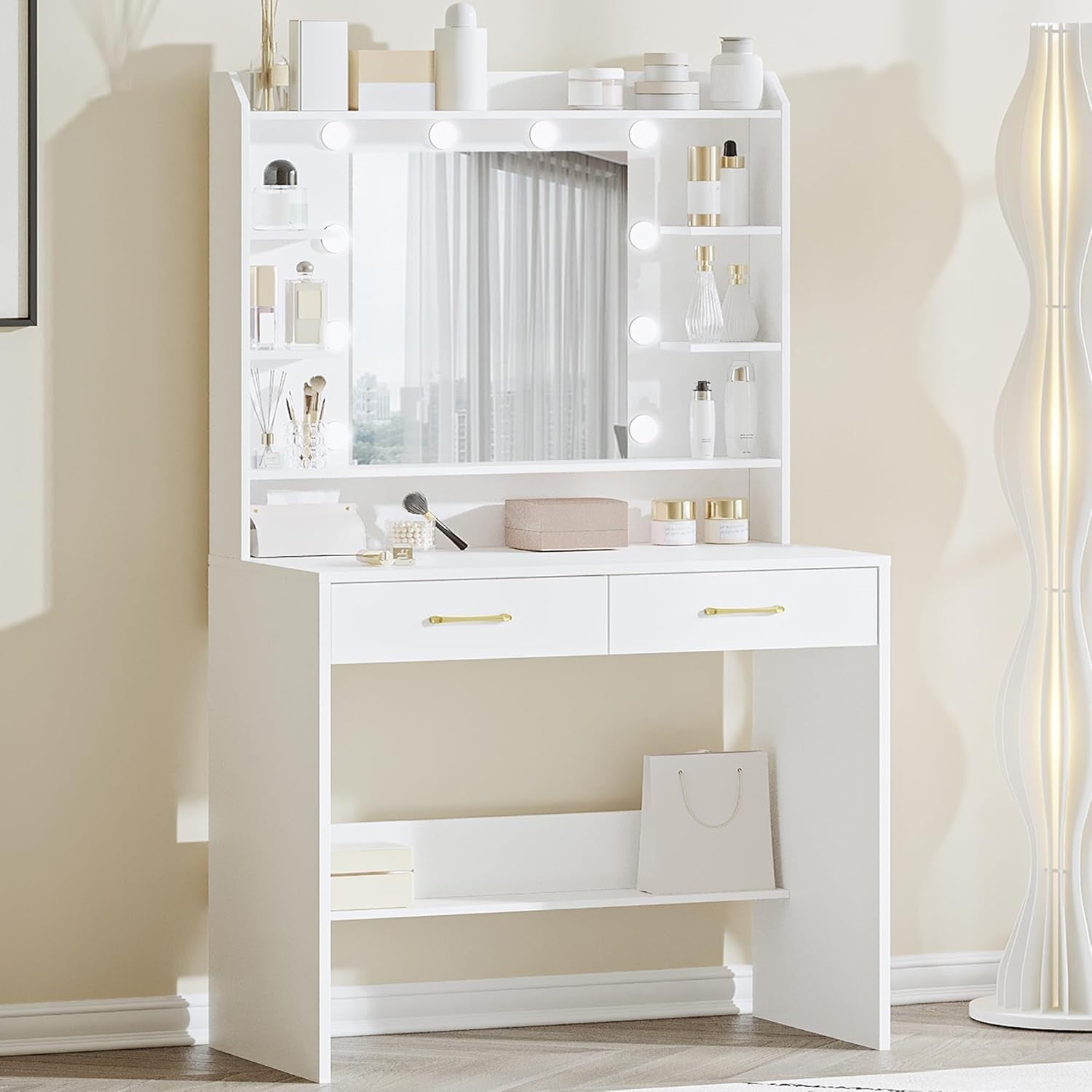 White Dressing Table Makeup Vanity Desk LED Lights Mirror Storage Drawers