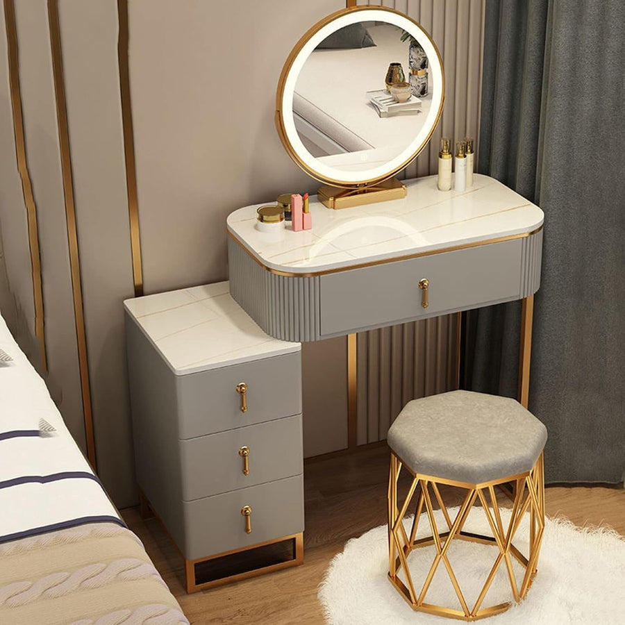 Modern Vanity Makeup Dressing Table Set LED Mirror Wireless Charger Grey/White