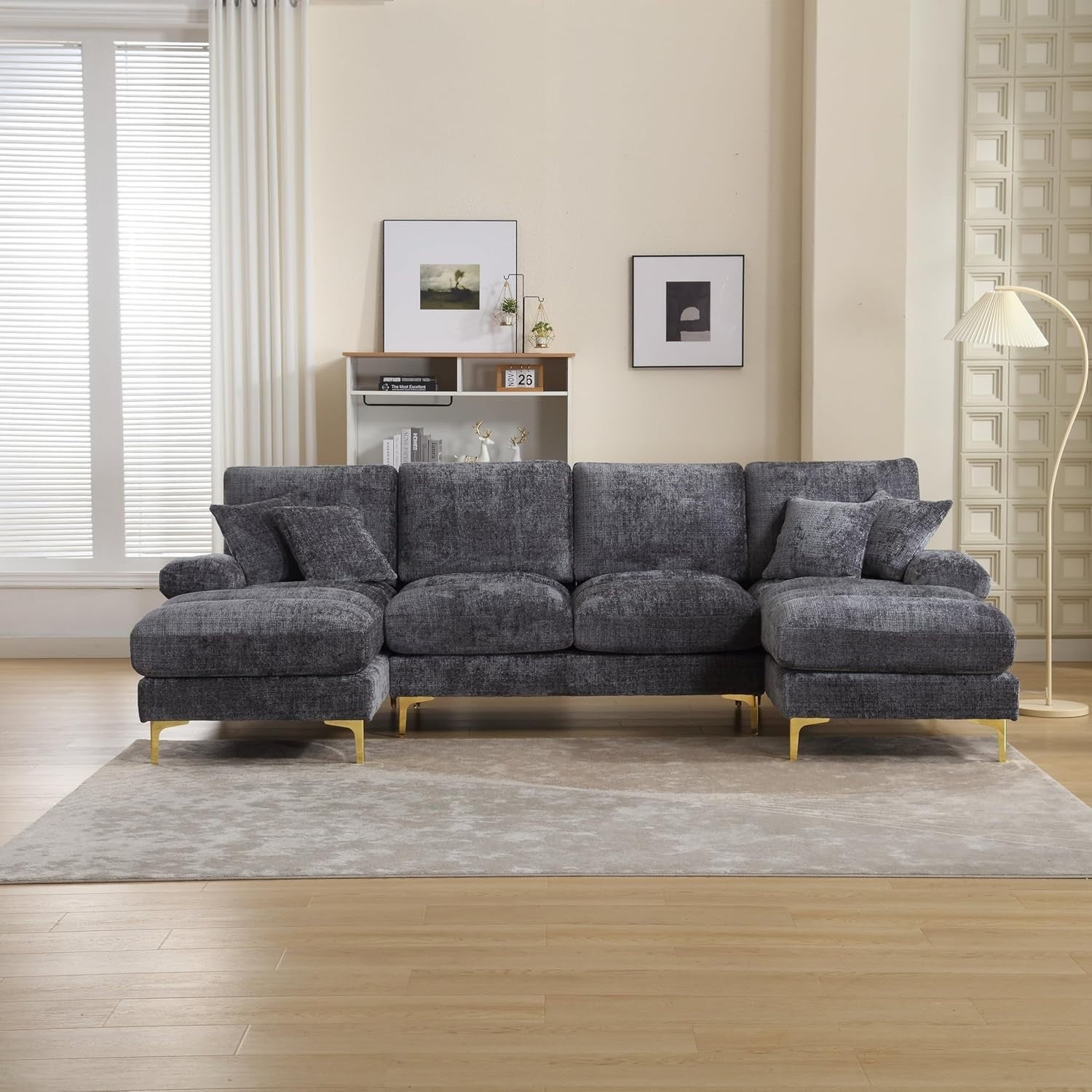 4 Seater U-Shaped Sofa Grey Chenille Sectional with Double Chaise & 4 Pillows