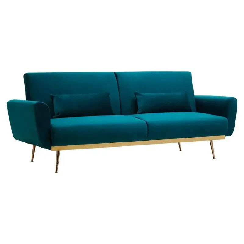 Green Velvet Sofa Bed 3 Seater w/ Gold Legs & Folding Back Modern