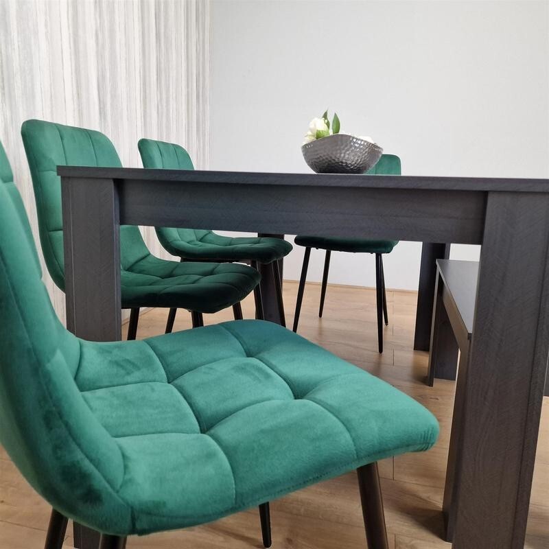 Dark Grey Dining Table Set with 4 Green Chairs & Bench, 6 Seater Kitchen