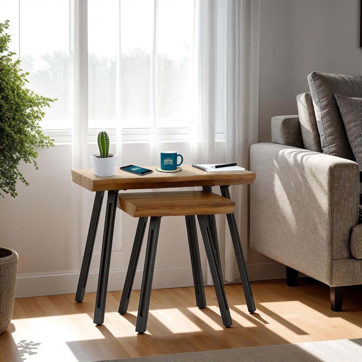 Nest of 2 Industrial End Tables Medium Oak Effect Black Metal Legs Home Office