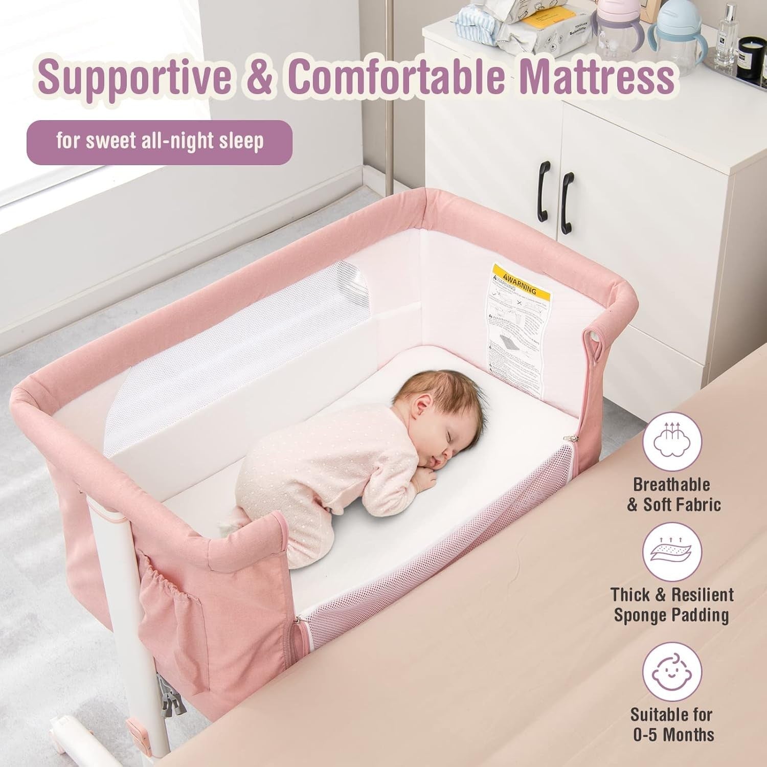 3in1 Baby Bassinet Bedside Crib Co-Sleeper Cot with Mattress & Wheels Pink