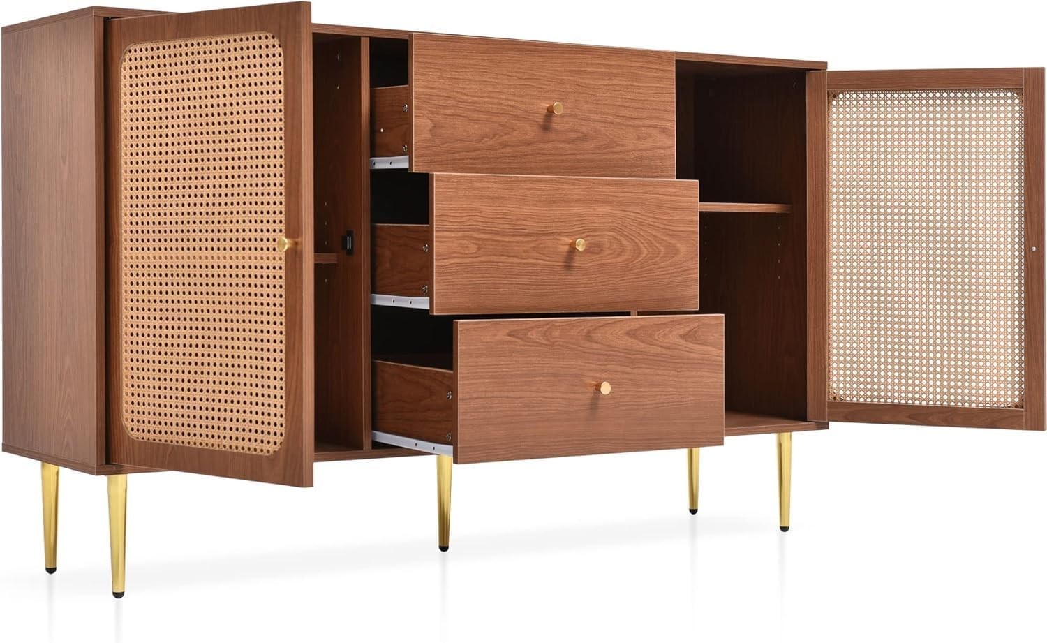 Walnut Rattan Sideboard Cabinet 3 Drawers 2 Doors Storage Unit
