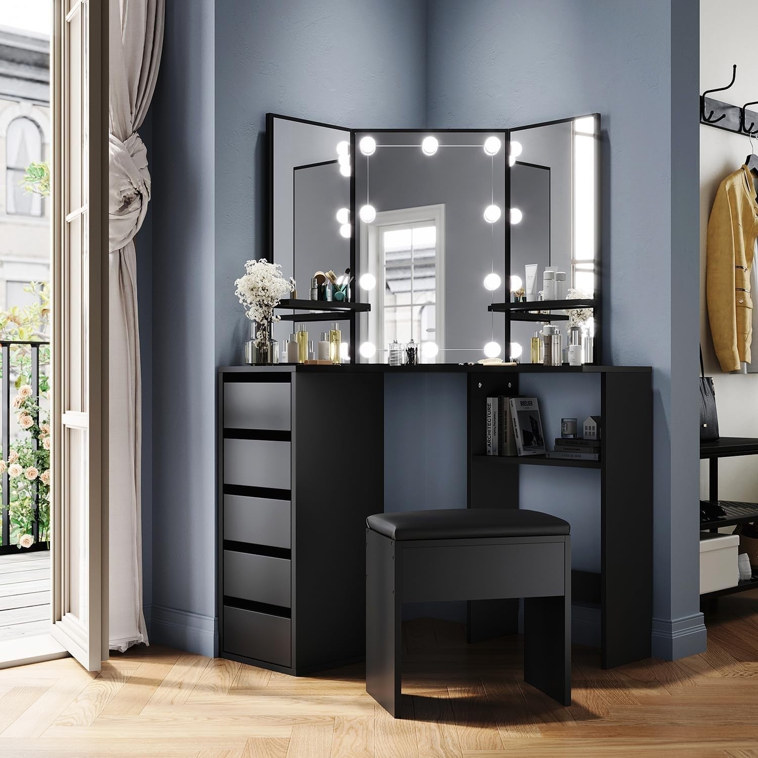 Corner Makeup Vanity Table Desk Black 5 Drawer 3-Angle Mirror Small Space