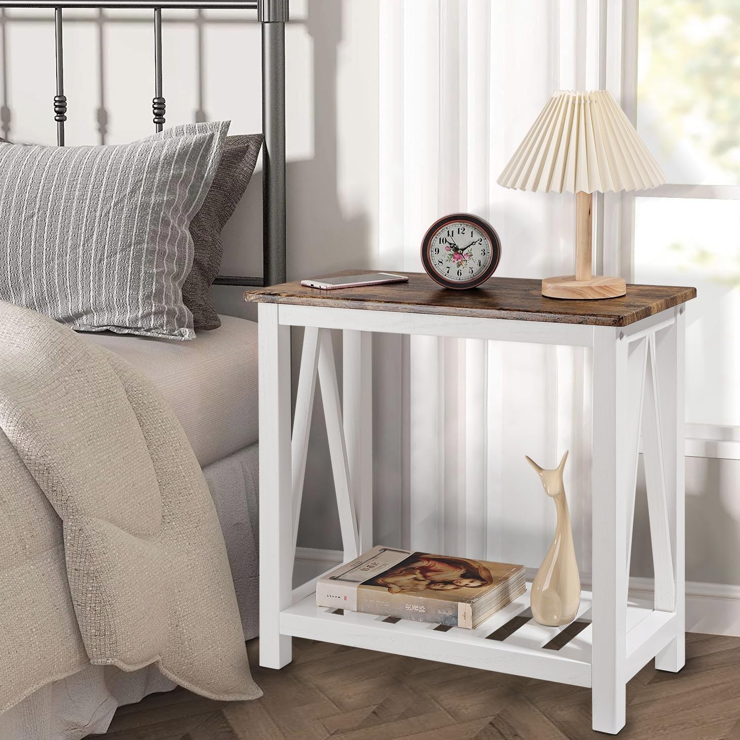Narrow Brown & White Side Table with Storage Shelf, Rustic Nightstand