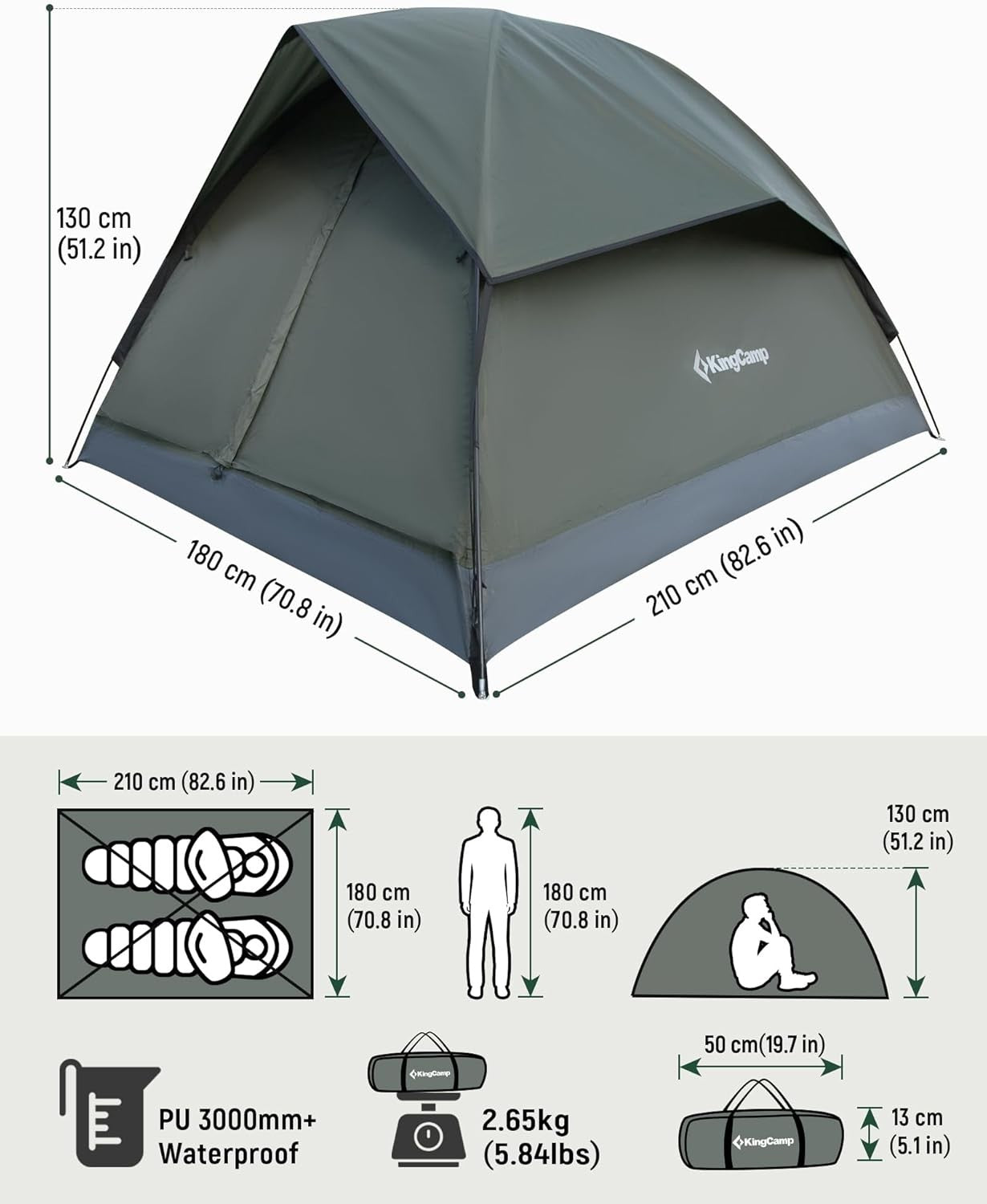KingCamp 2-Person Ultralight Waterproof Dome Tent – Backpack Friendly