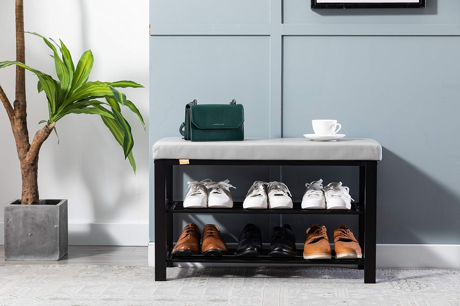 Light Grey Linen Shoe Storage Bench – 3-Tier Hallway Seat & Shoe Rack
