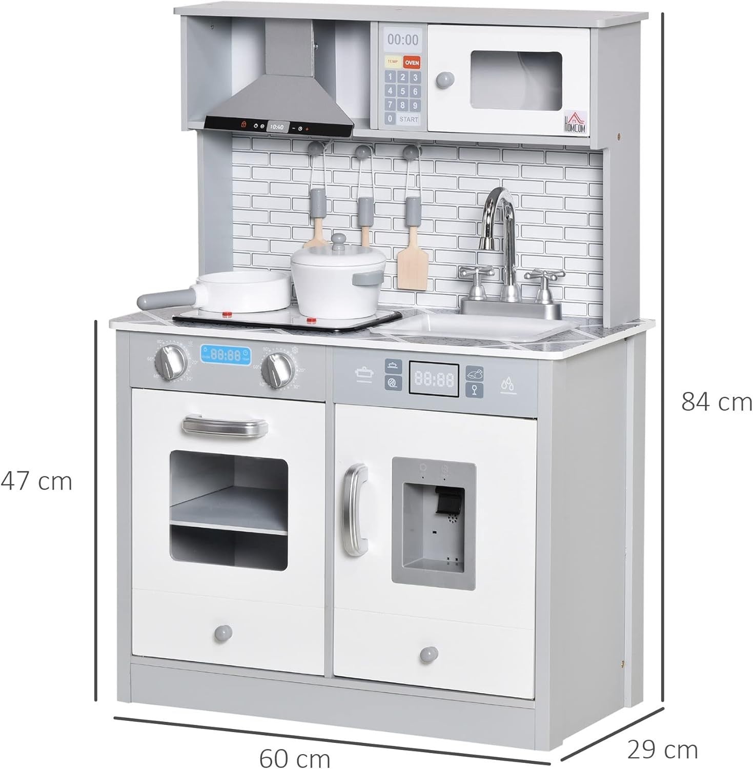 Kids Wooden Play Kitchen Lights Sounds Ice Maker Grey Toy Set