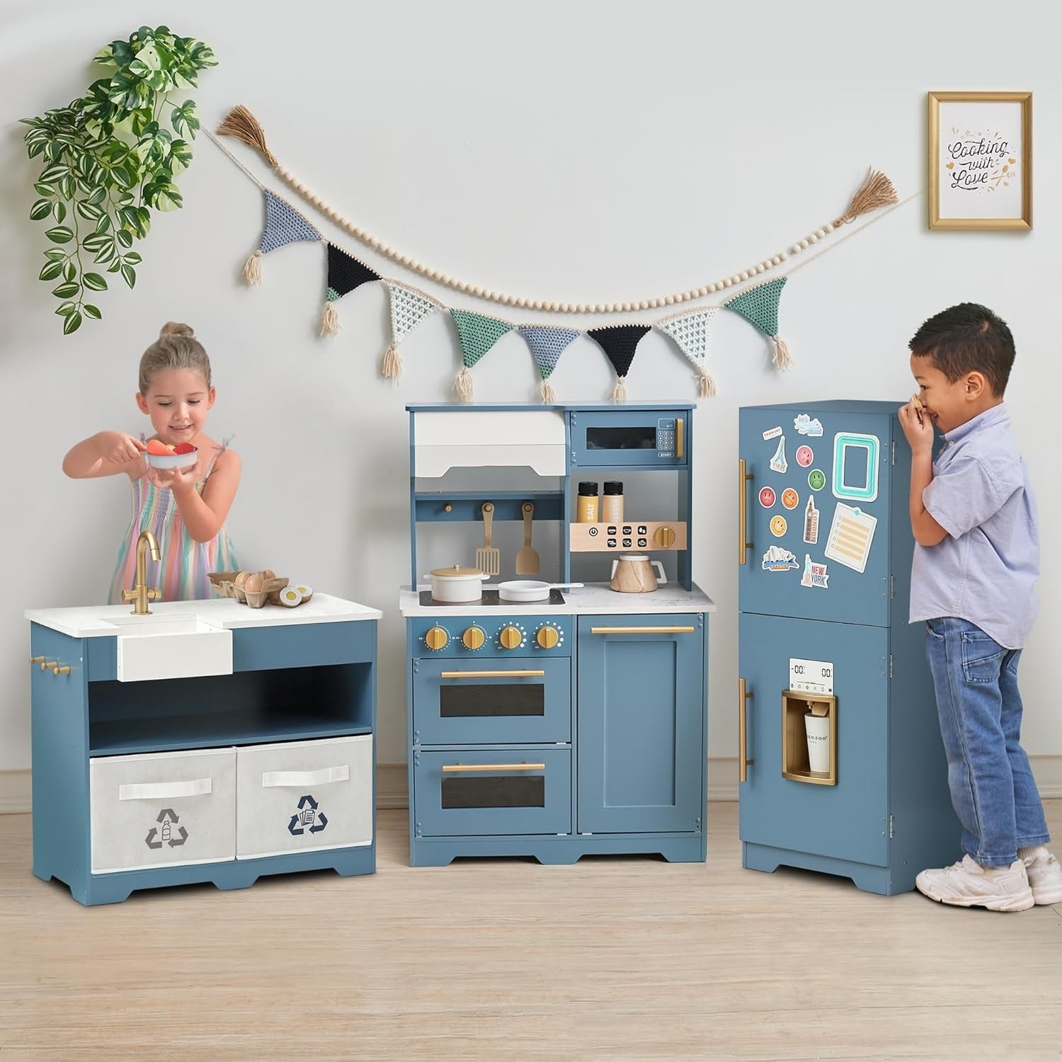 Modular Wooden Kids Play Kitchen Ice Dispenser Blue Toy Set