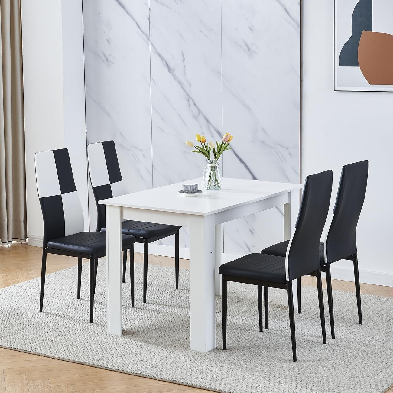 Modern 5-Piece White Dining Table & 4 Black & White PU Leather Chairs Set