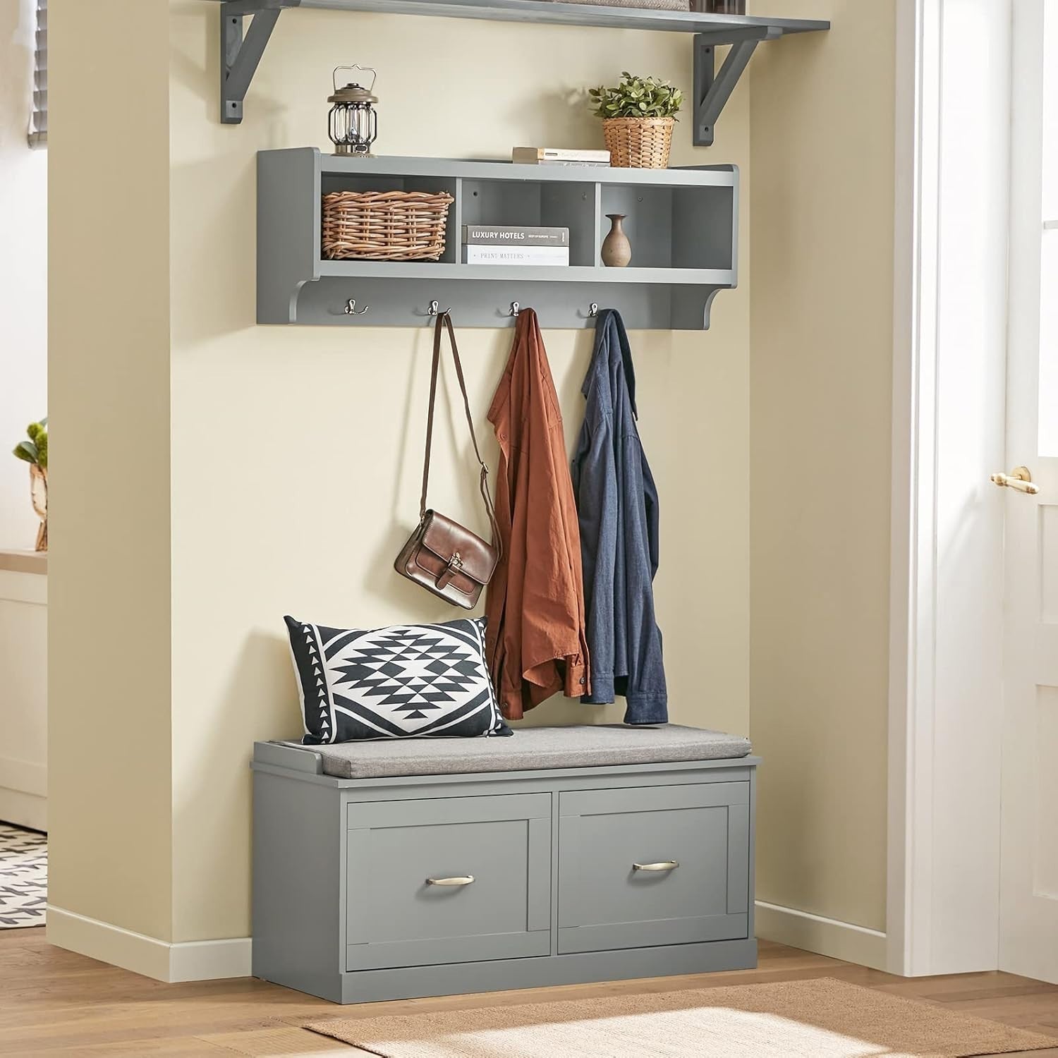 Grey Hallway Shoe Bench with Cushion – 98x37x49cm Storage Seat, 150kg Load
