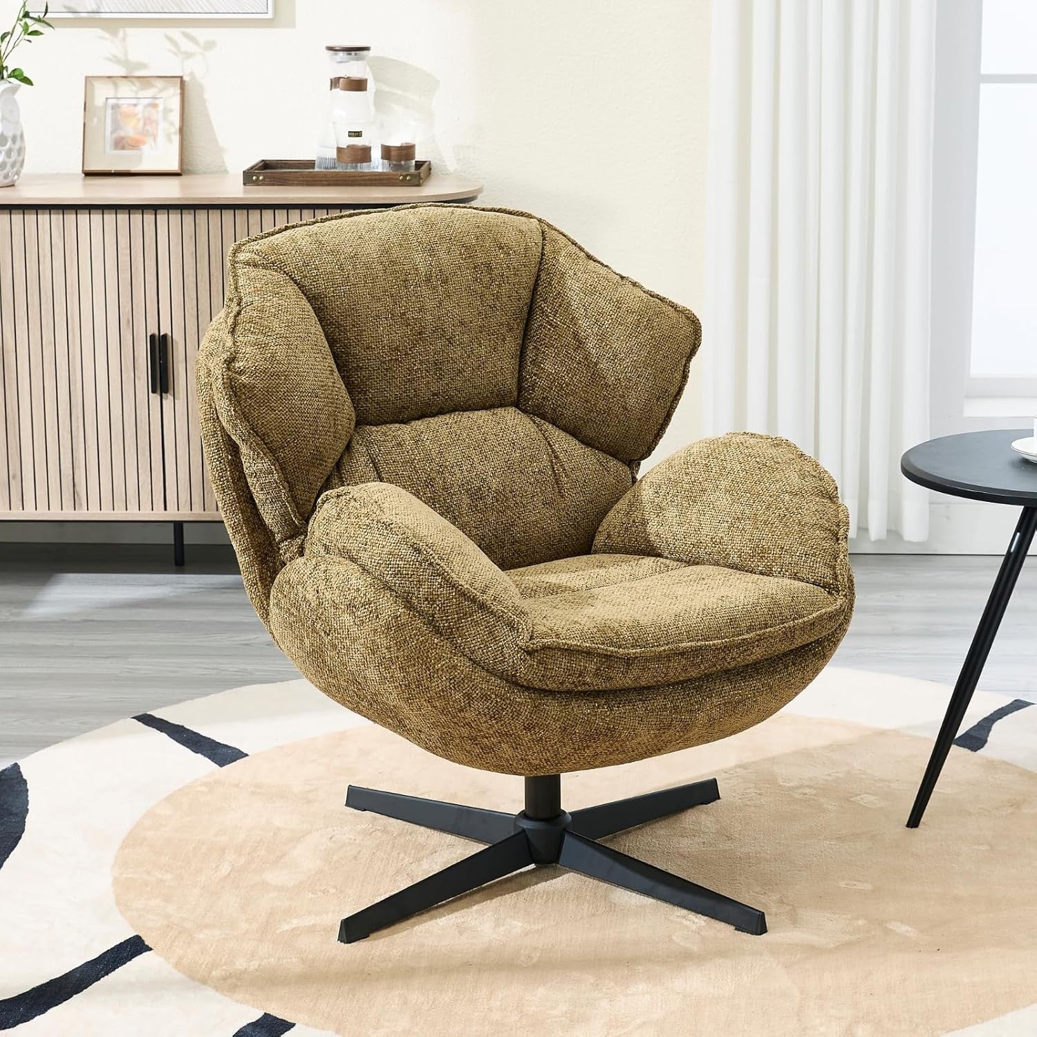 Swivel Lounge Chair Yellow Chenille Armchair 360° Comfy Reading Seat