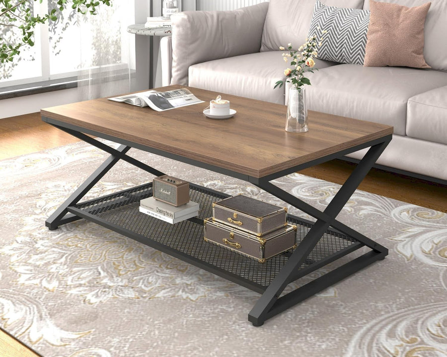Rustic Oak Industrial Coffee Table with Mesh Shelf – 2 Tier Wooden Living Room