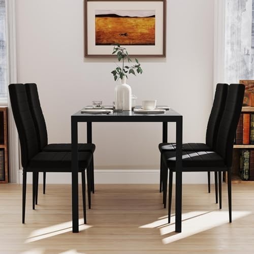 Modern Black 120x70cm Glass Dining Table Set with 4 PU Leather Chairs