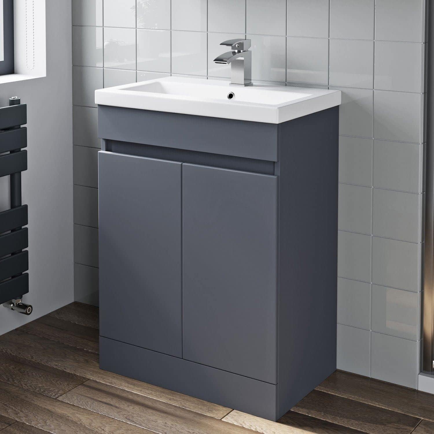 Grey Gloss 600mm Bathroom Vanity Unit with Basin | Modern Sink Cabinet Storage