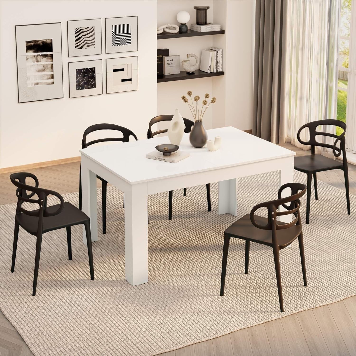 Extendable Dining Table  Gloss White 220cm Wood 6–8 Seater Modern Space Saver