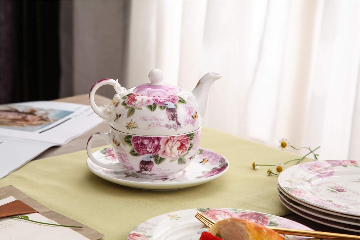 Tea for One Teapot Cup Saucer Set Bird Rose Butterfly Gift Box Floral
