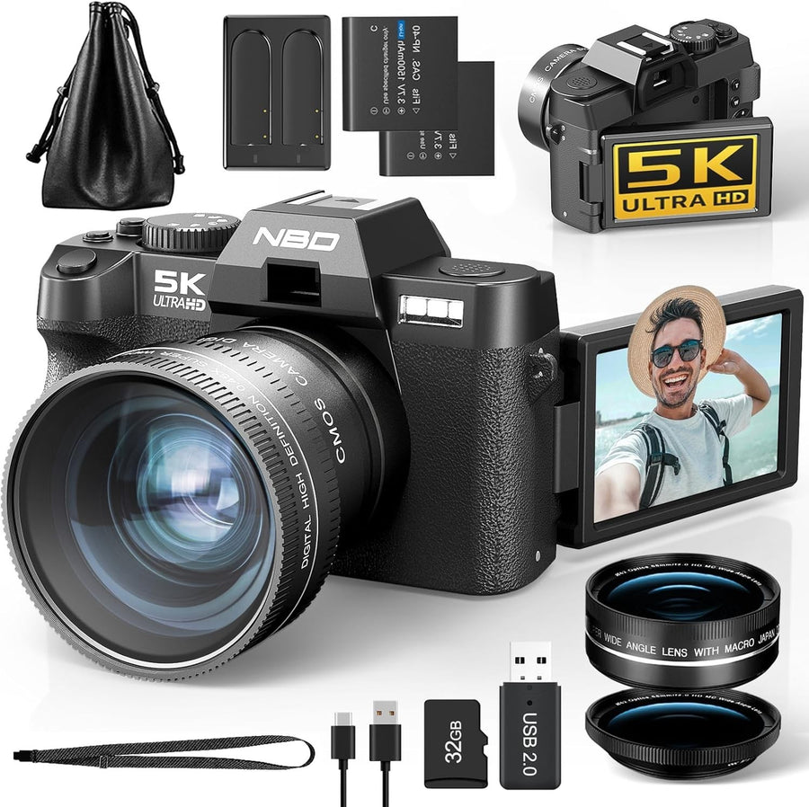 5K 64MP Vlogging Camera WiFi Flip Screen 16X Zoom Bundle Black