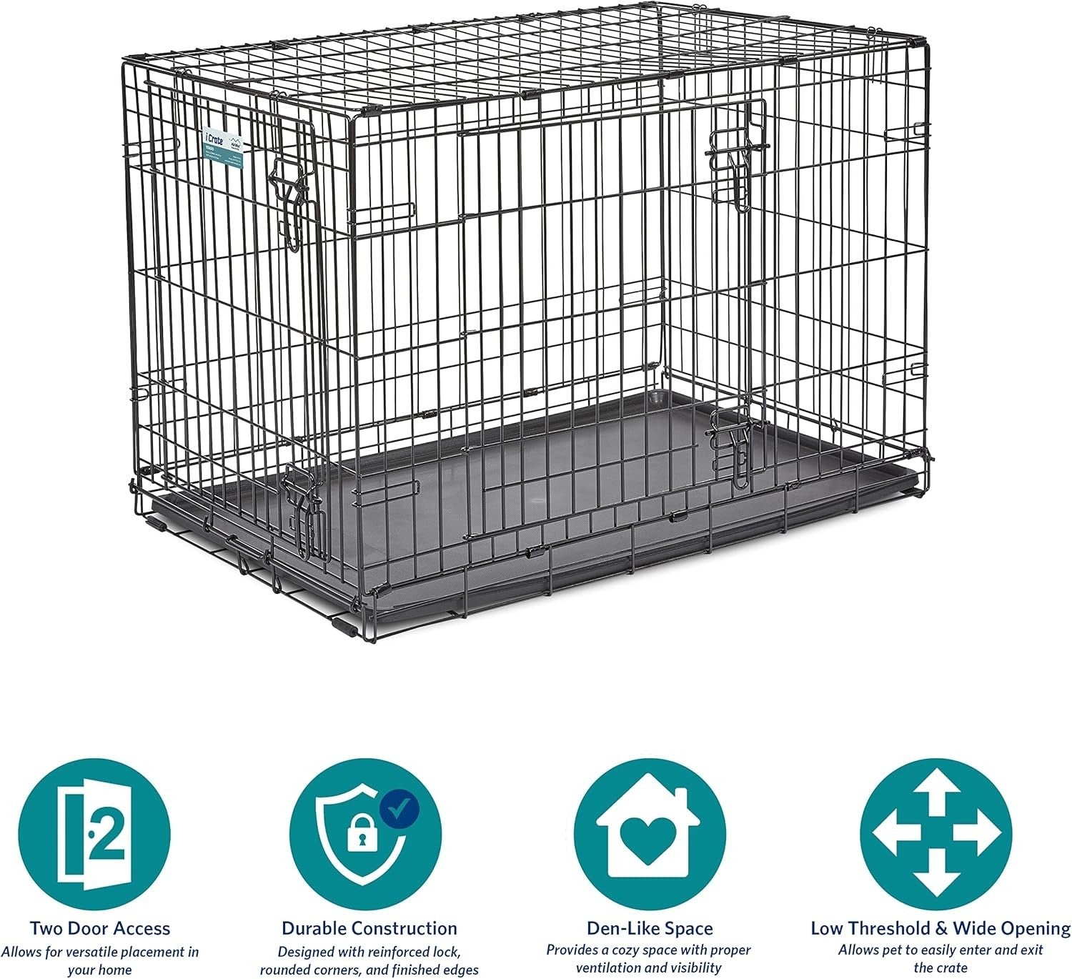 Double Door Medium-Large Dog Crate 36" Foldable Metal Cage with Divider & Pan