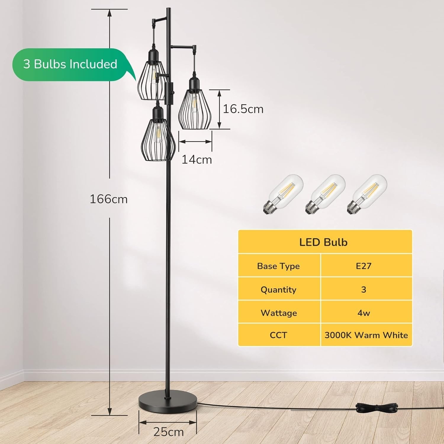 Industrial Floor Lamp with Wire Cage Shades, Dimmable, 3 LED Bulbs Included