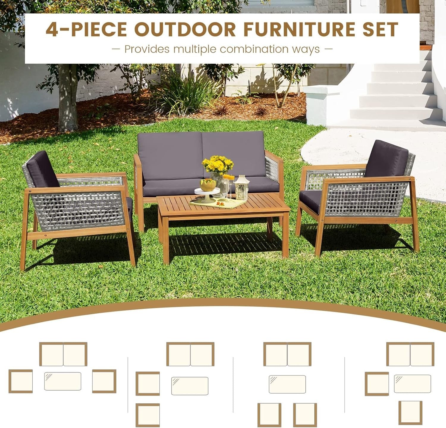 4PC Garden Rattan Sofa Set Outdoor Patio Furniture W/ Coffee Table