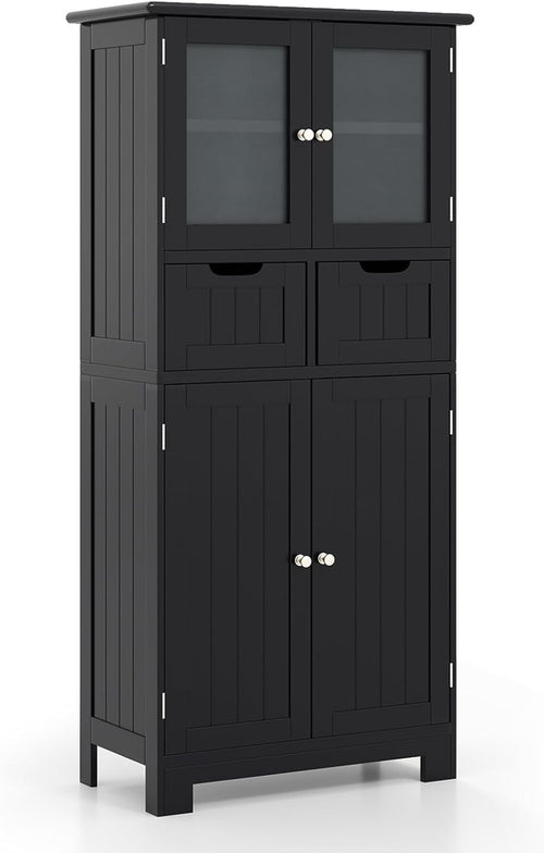 Black Freestanding Storage Cabinet with Glass Doors & Drawers Shelves