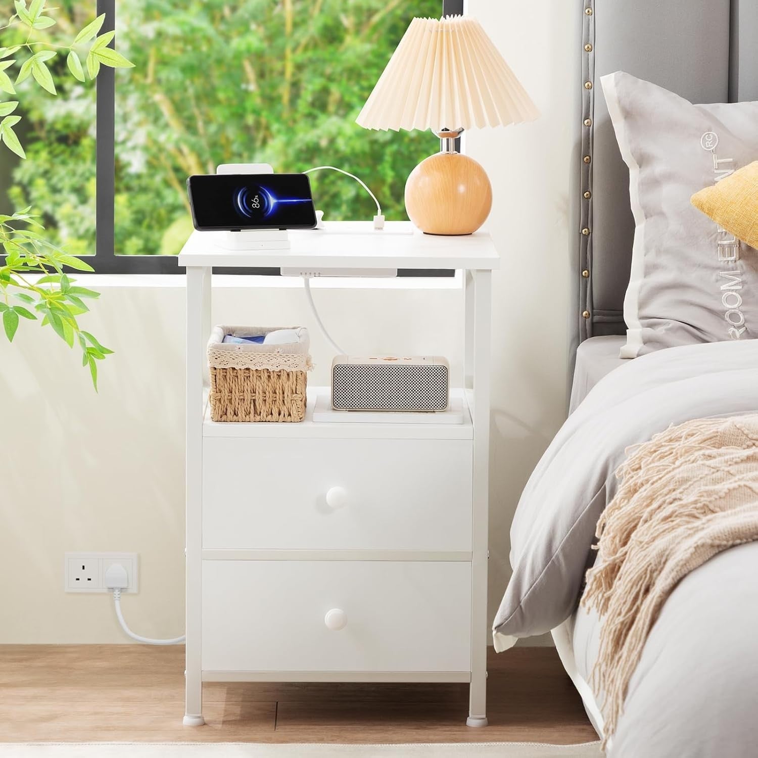 Set of 2 White Bedside Tables with USB Ports & Fabric Drawers