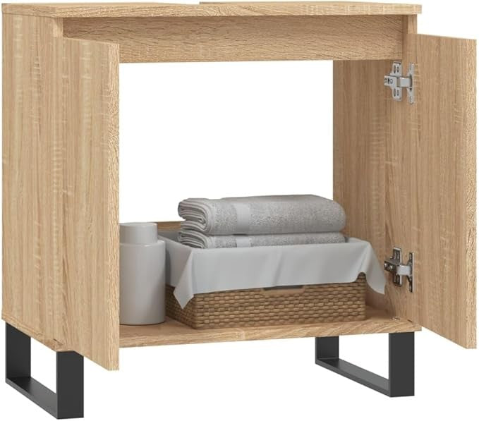 Brown Under Sink Bathroom Cabinet 58cm Modern Vanity Unit with Doors & Metal Leg