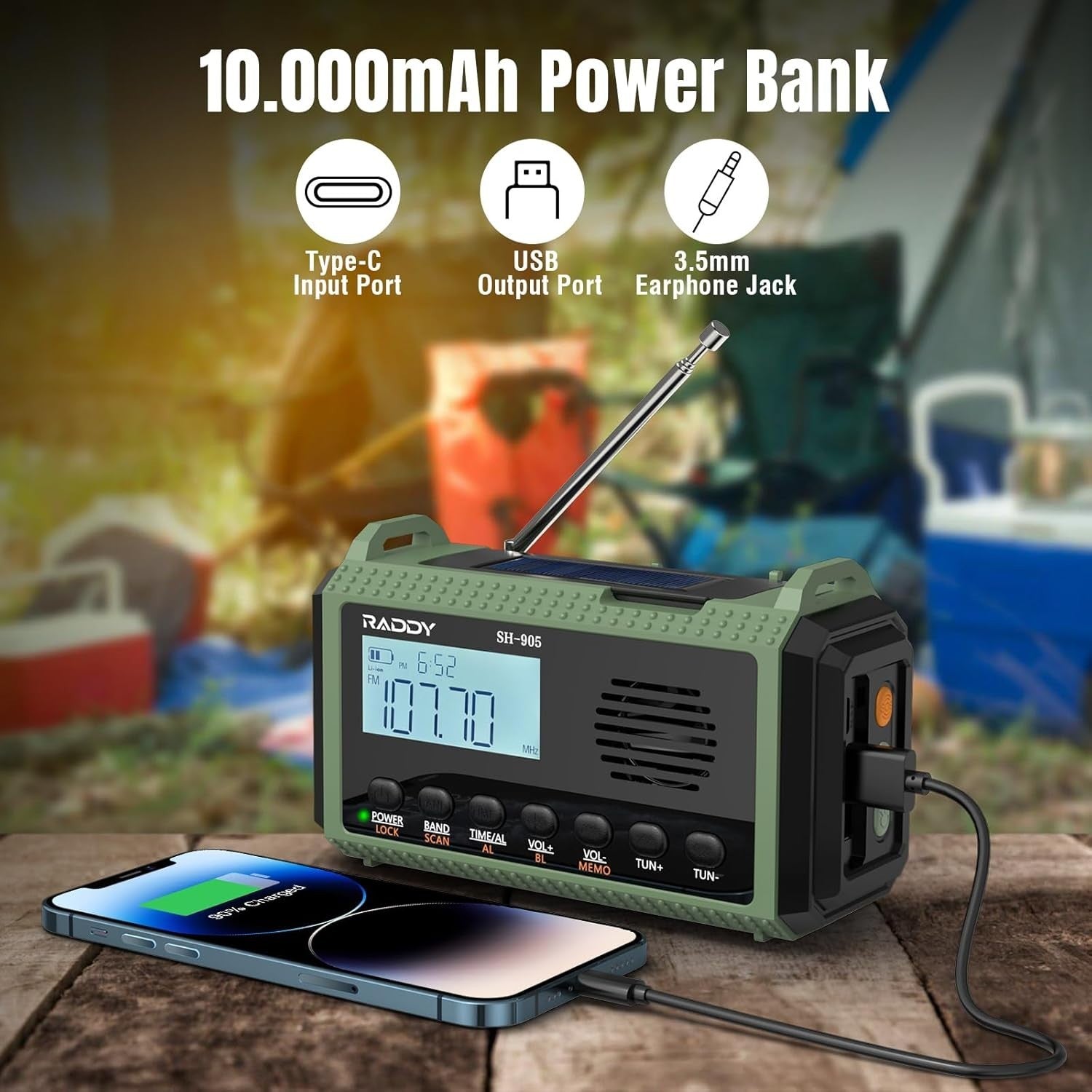 10,000mAh Emergency Hand Crank Radio NOAA Alert Solar Flashlight