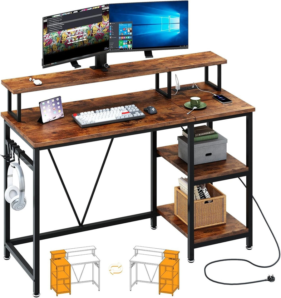 Reversible Rustic Brown Computer Desk w/Power Outlet & Monitor Stand