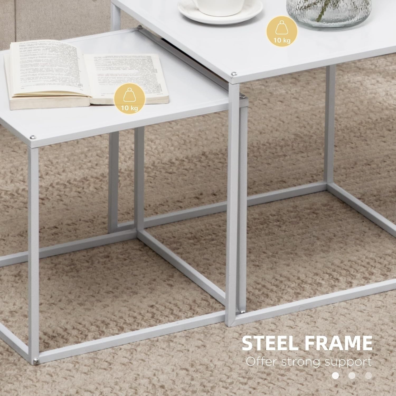 Modern Nesting Coffee Tables Set of 2 End Side Snack Living Room Black Steel