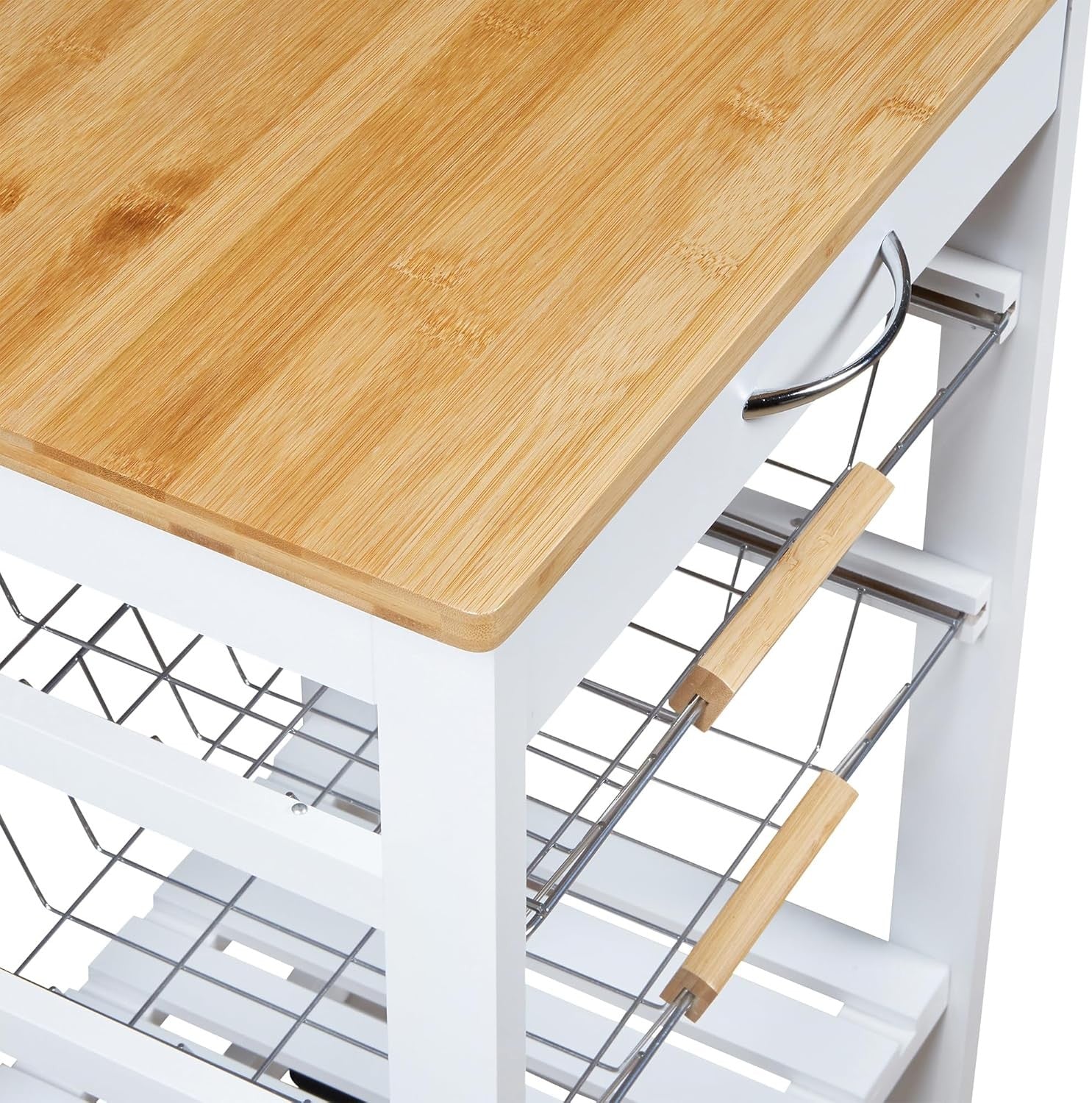 Kitchen Trolley on Wheels Storage Cart Wooden Top Drawer Metal Baskets