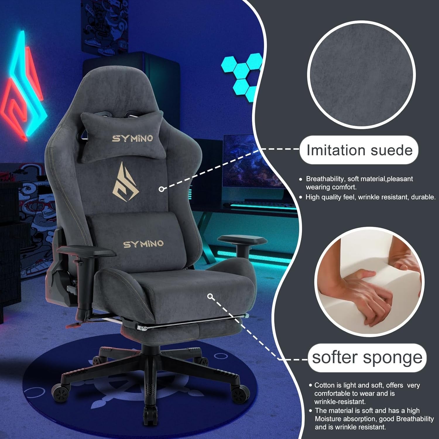 Ergonomic Gaming Chair with Footrest Recliner Lumbar Support Grey