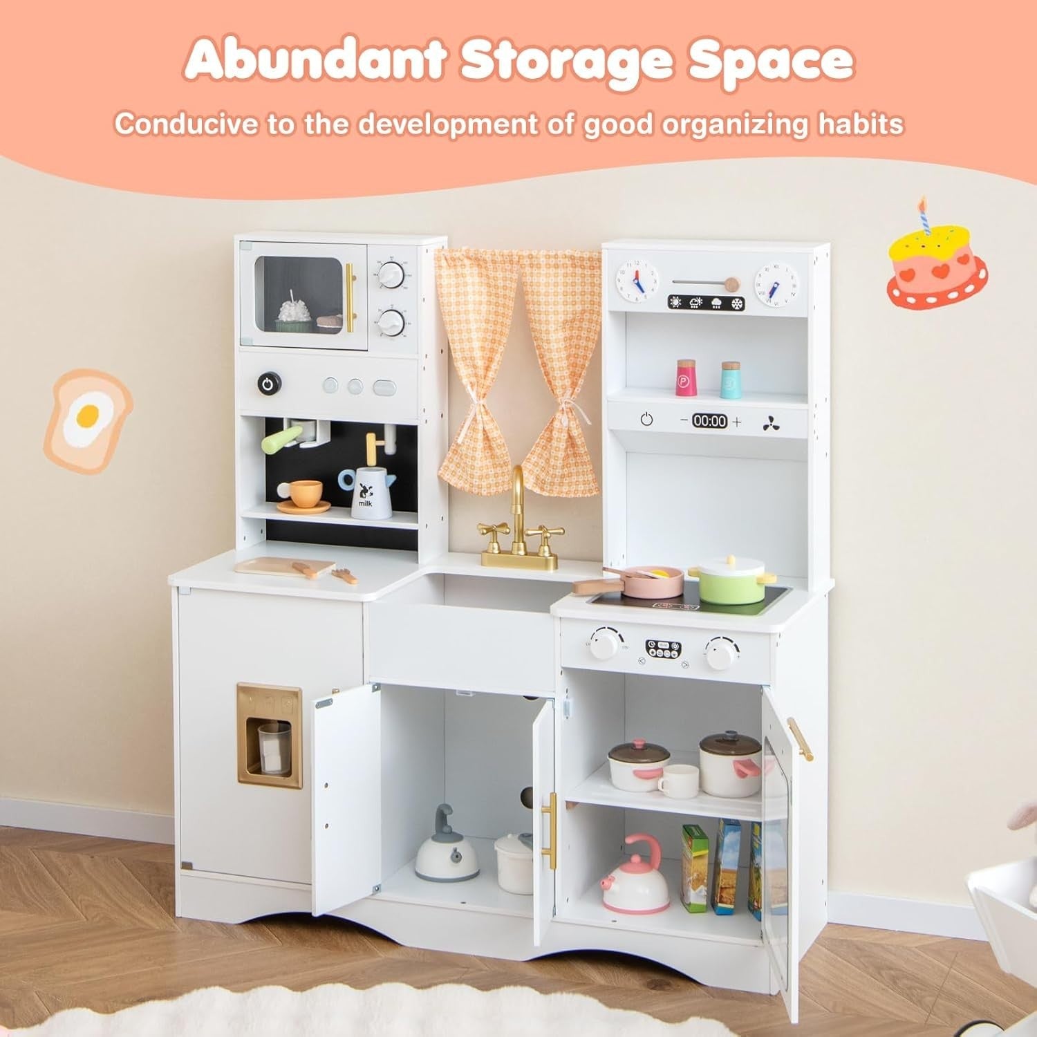 Kids Wooden Play Kitchen White w/ Ice Maker Microwave Accessories