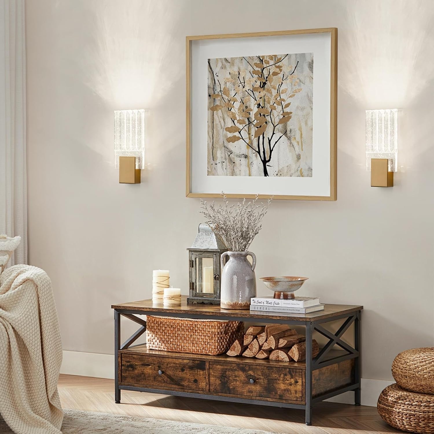 Gold Crystal LED Wall Lights 2-Pack | Modern 3-Color Sconces for Hallway