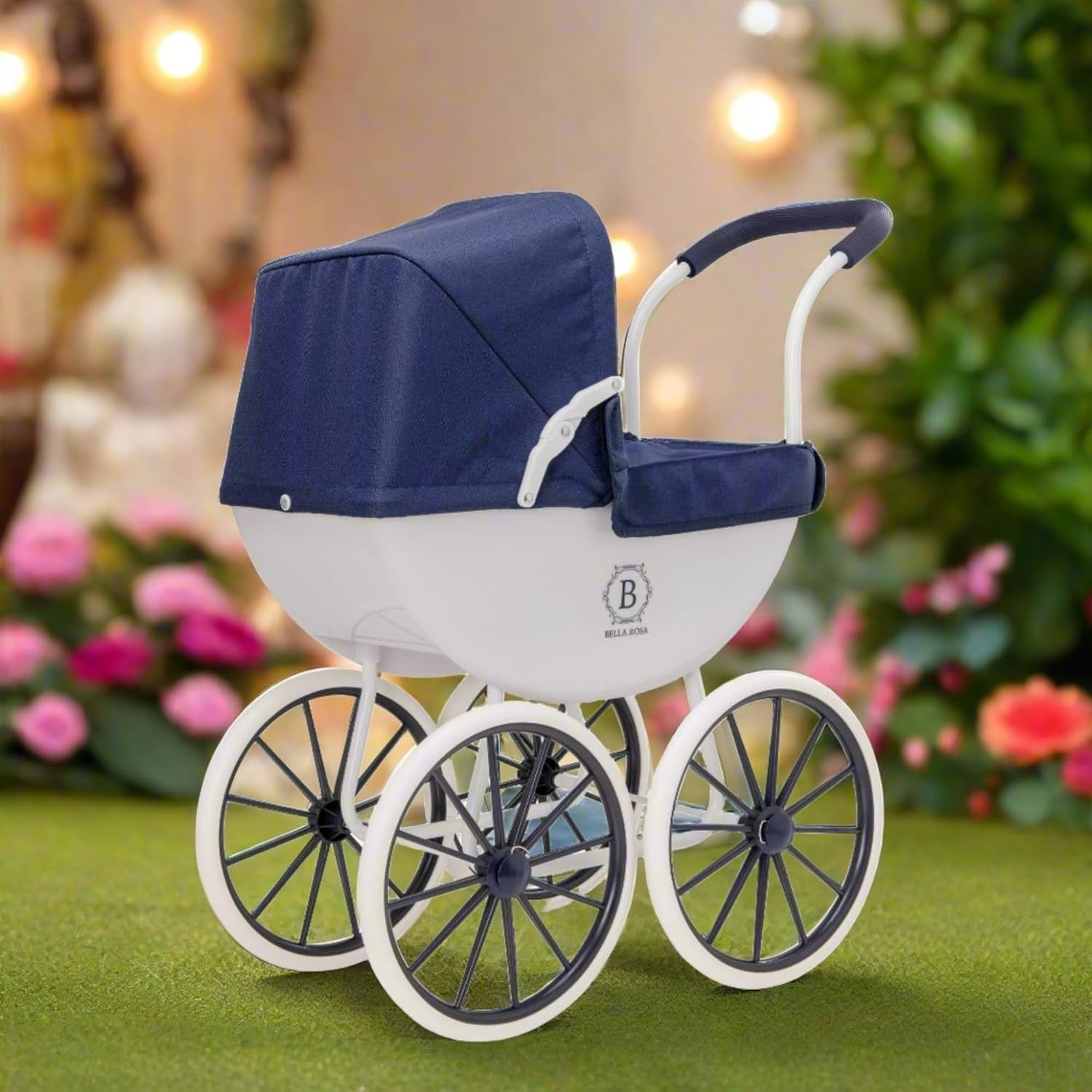 Traditional Dolls Pram Carriage Pushchair Vintage Style White Wheels