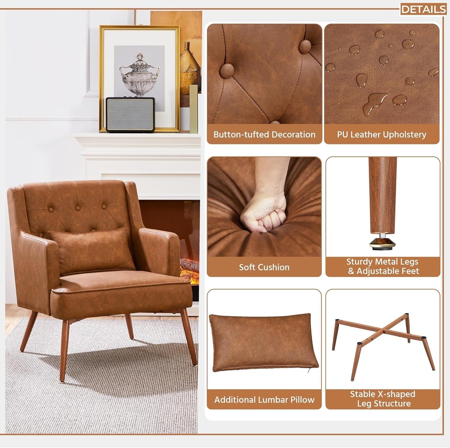 Brown Faux Leather Armchairs Set of 2 Lounge Chairs with Wood Legs
