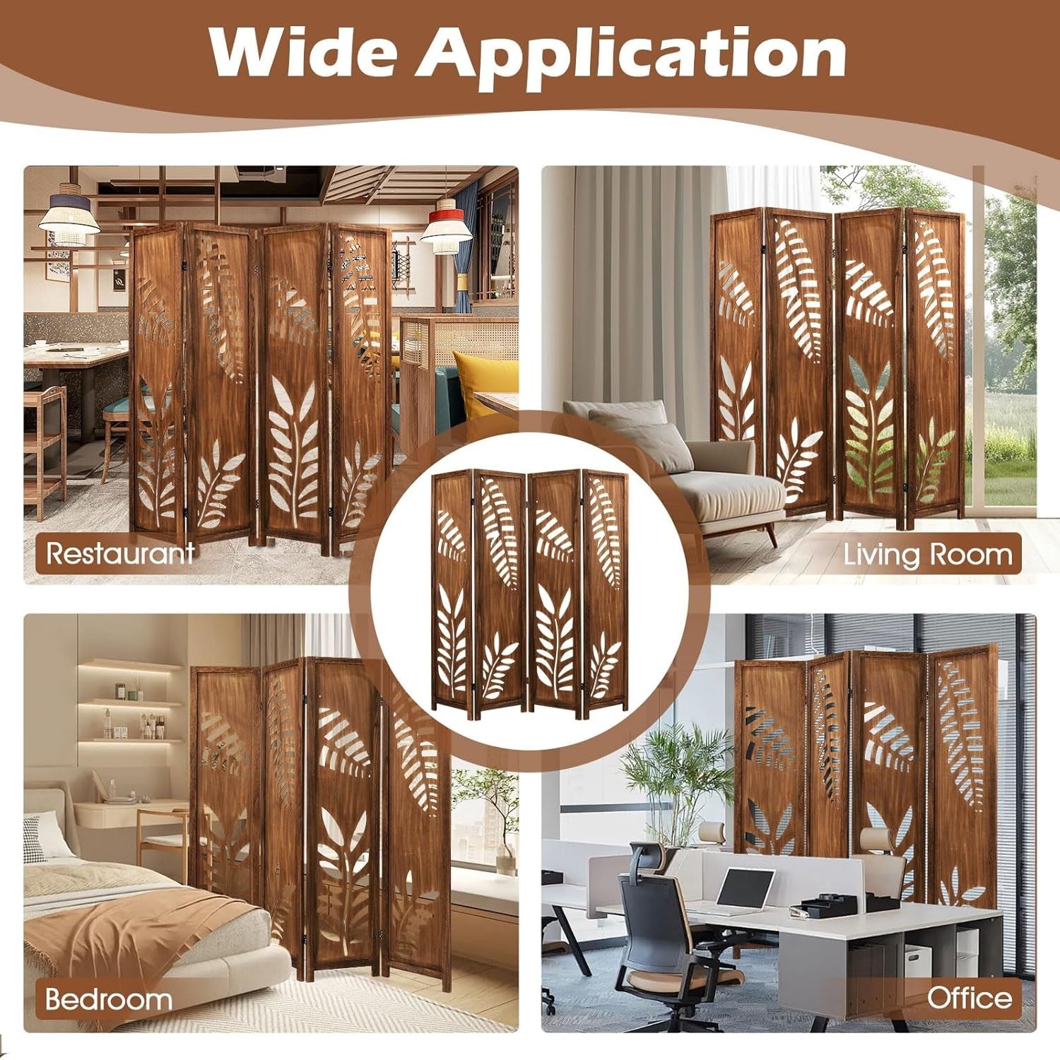4 Panel Brown Carved Wood Room Divider Leaf Design Privacy Screen 170cm High