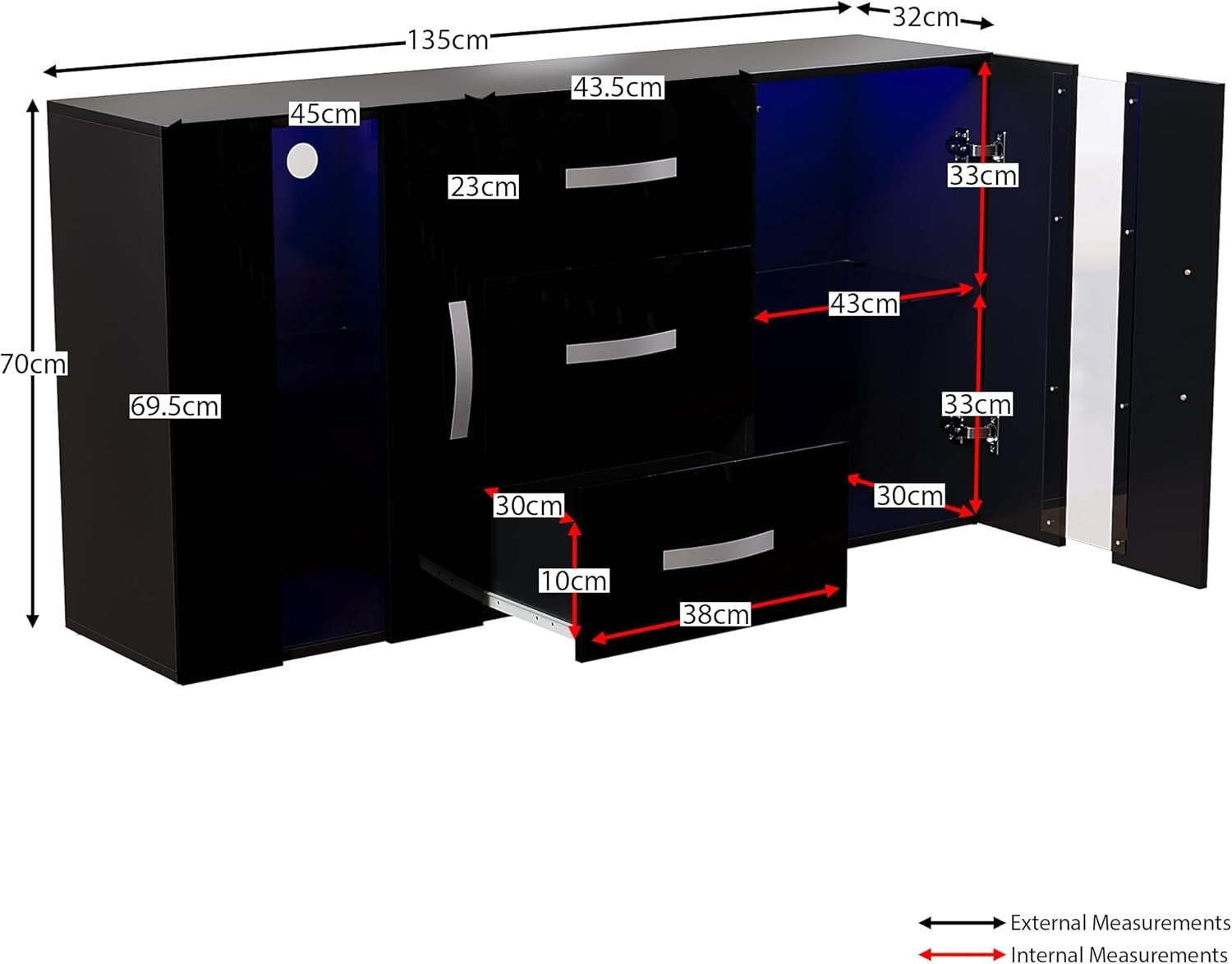 Black LED Sideboard Cabinet RGB Lights 3 Drawers 2 Doors Modern Unit