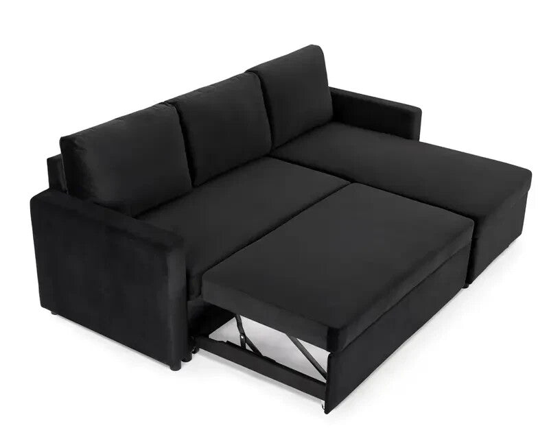 3 Seater Sofa Bed Pull-Out Reversible Chaise Black Velvet Storage Couch