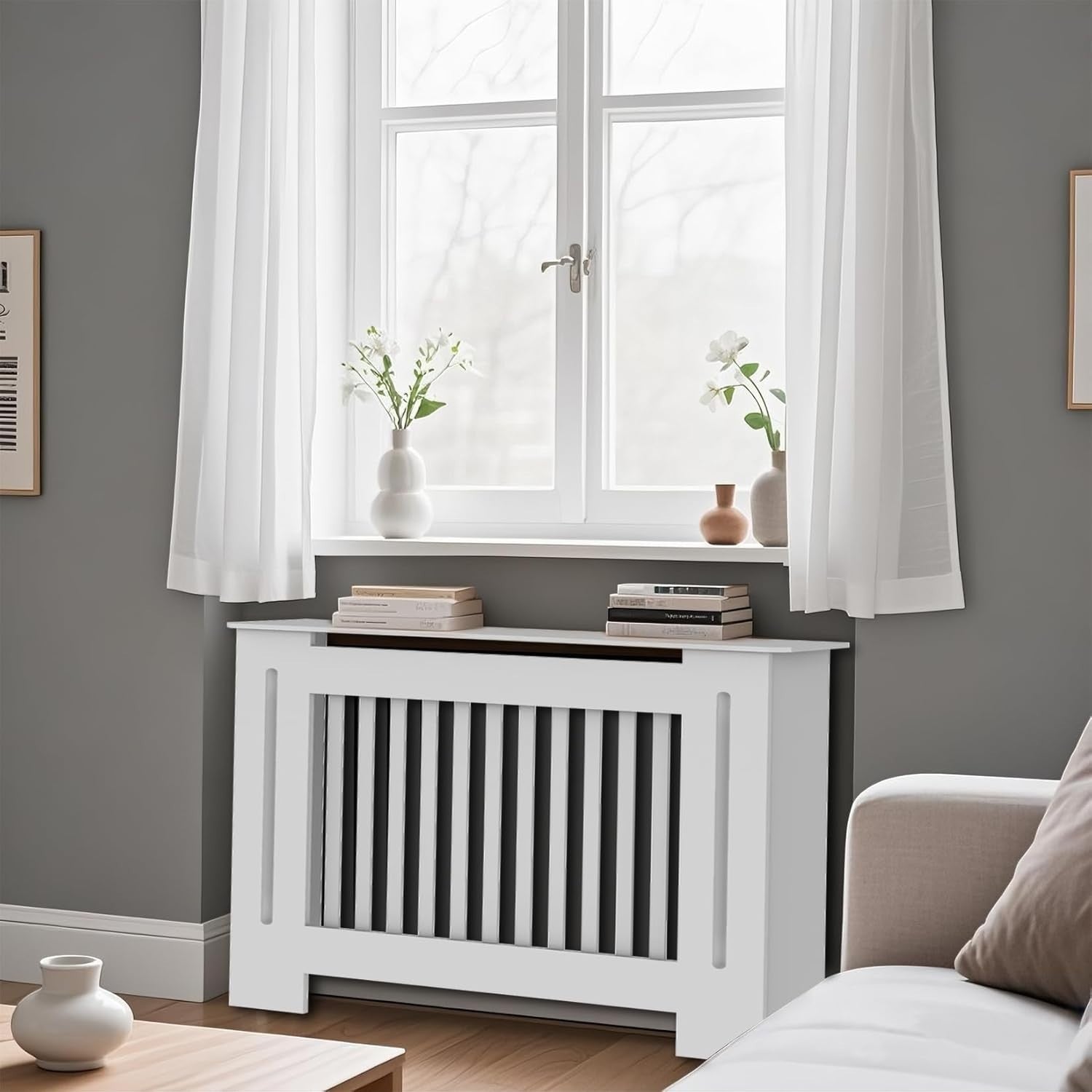 Tall White Radiator Cover Cabinet 92cm High MDF Vertical Slat Heater Cover