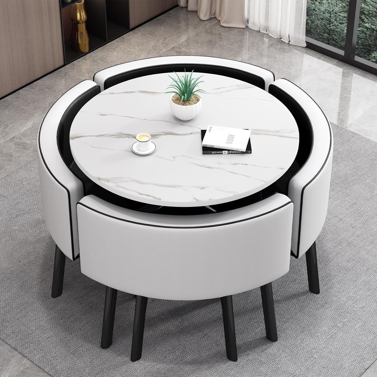 Modern White 35.4" Dining Set w/ 4 Black Chairs – Space-Saving Faux Marble Table