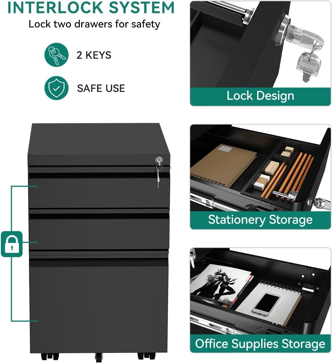 Black Mobile File Cabinet 46x39x62cm Lockable 3 Drawer Steel