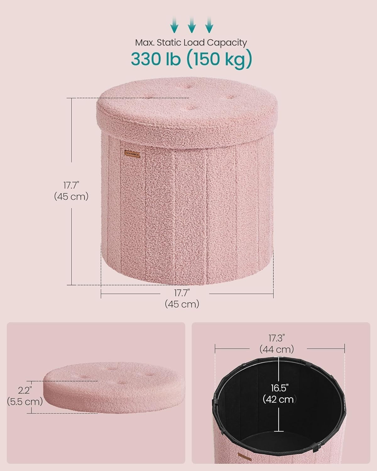 Jelly Pink Teddy Fleece Round Storage Ottoman Foldable Footstool 46cm