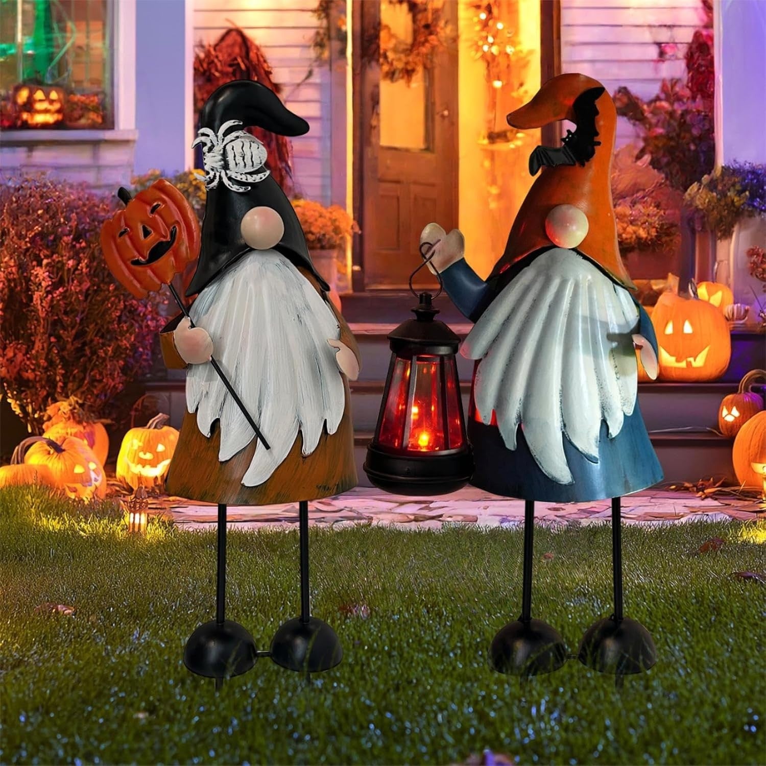 Halloween Metal Gnome Yard Art Statue Outdoor Decor | LED Lantern | 46cm