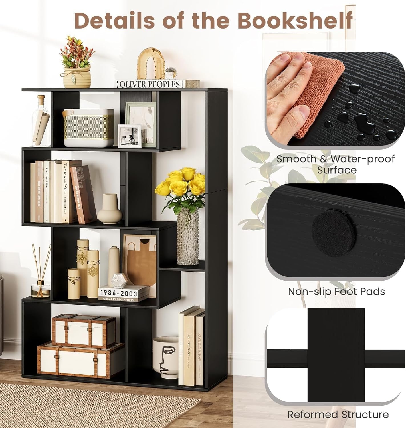 Modern 6-Cube S-Shape Bookcase Storage Unit with Anti-Tip Design for Living Room