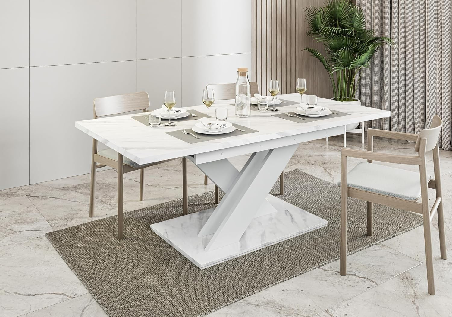White Marble Gloss Extendable Dining Table 140–180cm Space Saving
