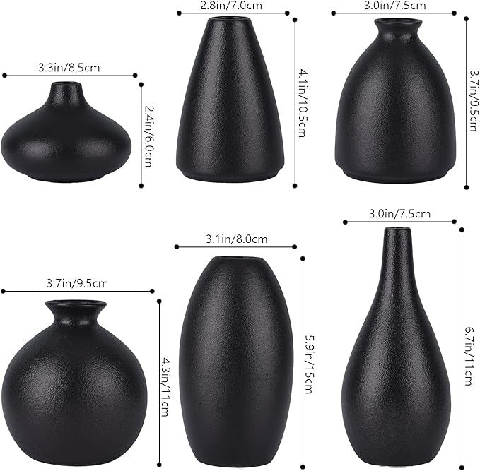 Black Ceramic Vase Set of 6 Matte Modern Bud Vases Home Decor Centerpiece