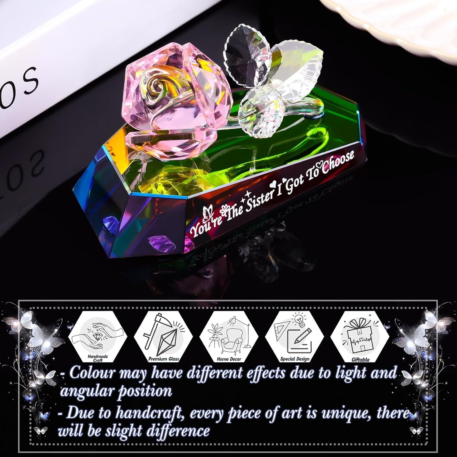 Crystal Rose Ornament Gift for Sister – Decorative Multicolour Glass Flower